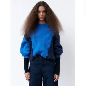 Zara Sweater Womens S Blue Colorblock Oversized Cropped Sweatshirt Jumper